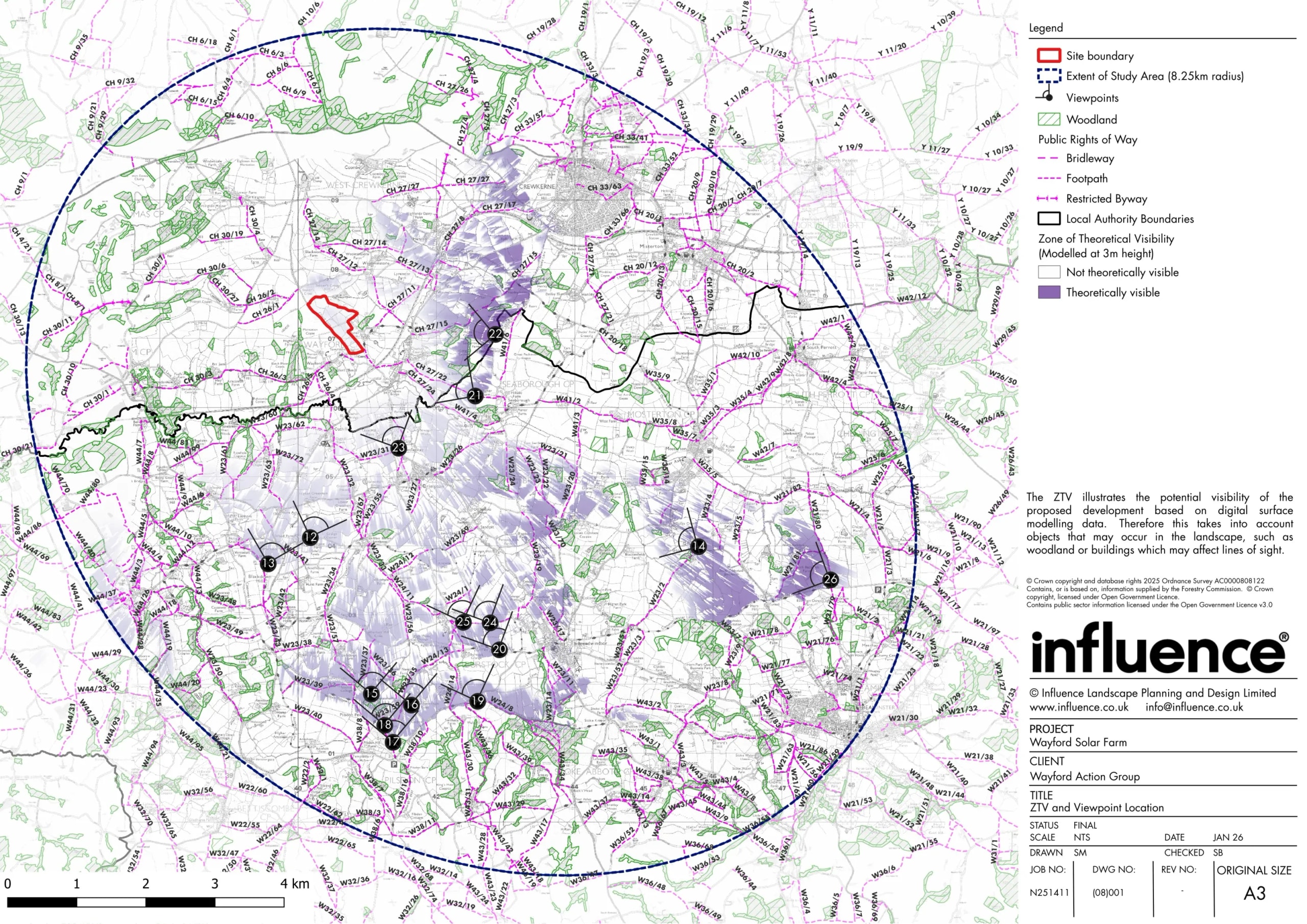 Wayford Solar Farm zone of theoretical visibility and viewpoint location plan